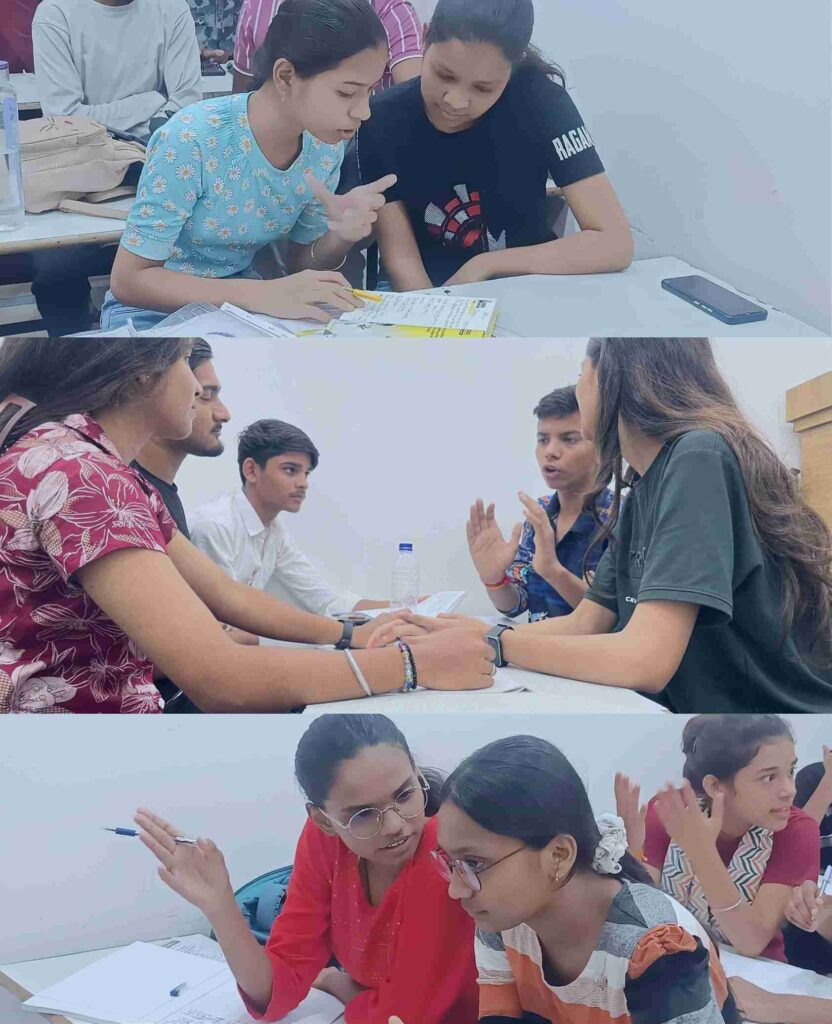 Students participating in group discussion and communication skills training at AIM English Institute in Raipur