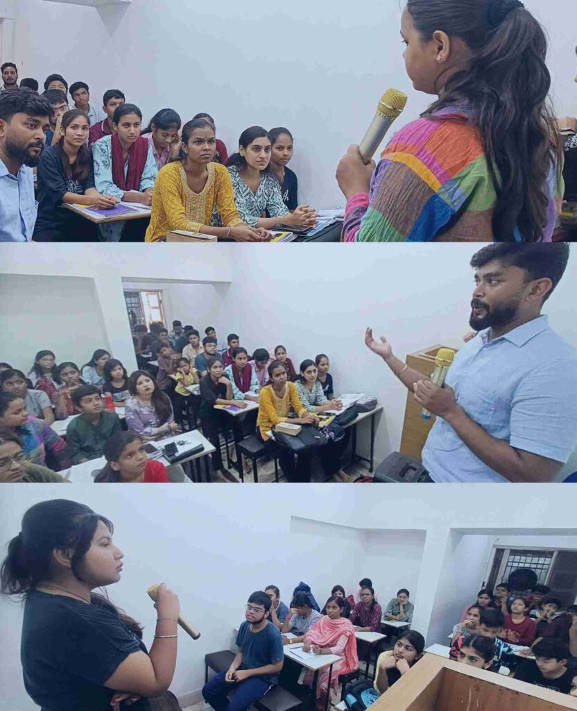 Students learning spoken English in classroom training at AIM English Institute in Raipur