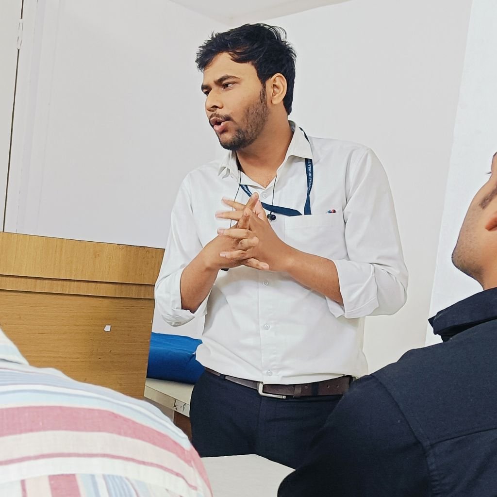 Student practising a professional self-introduction during an interview preparation class at AIM English Raipur